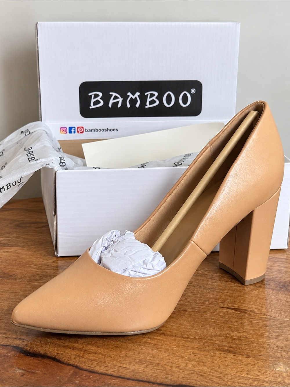 Bamboo Nude Pointed Toe Block Heel Pumps Fits 9.5